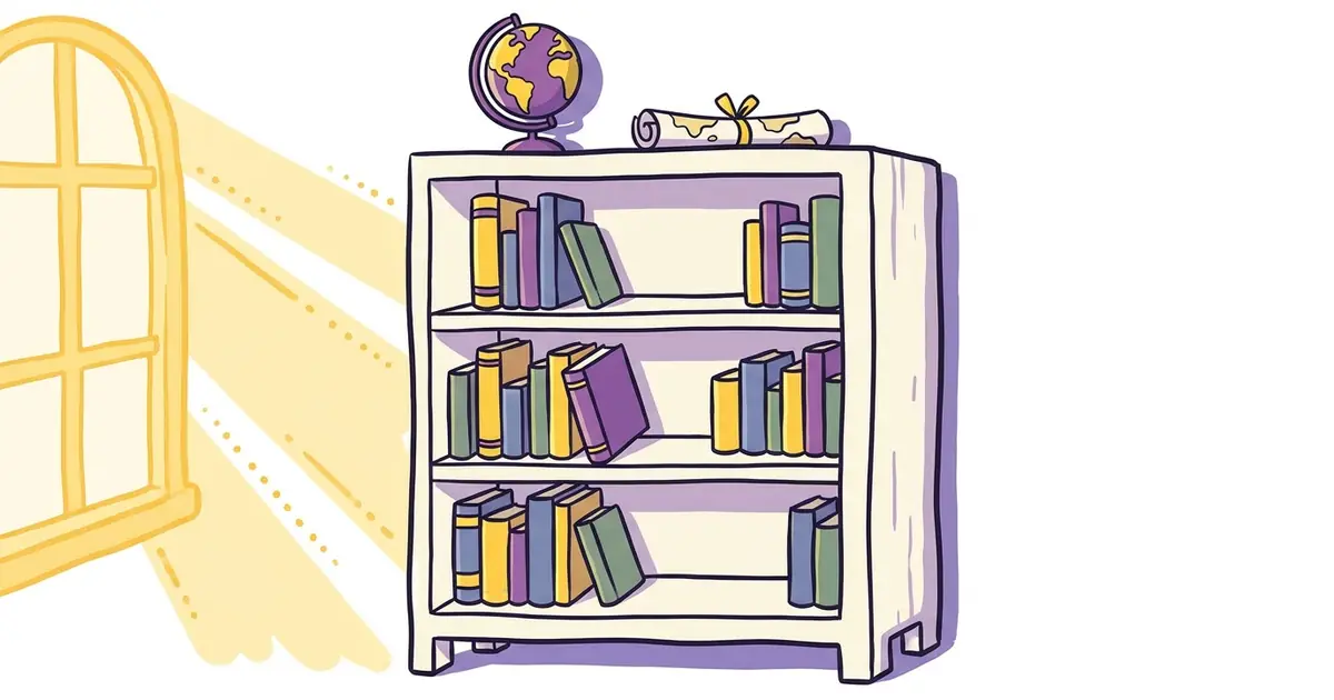 A classroom bookshelf with a globe and a rolled map